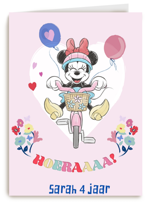 Verjaardagskaart Minnie Mouse op fiets