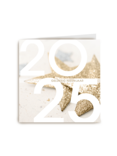 nieuwjaarskaart met gouden sterren en tekst gelukkig nieuwjaar 2025