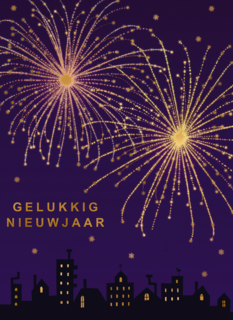 nachtelijke skyline met vuurwerk voor nieuwjaar