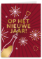 nieuwjaarskaart met fles die plopt en vuurwerk