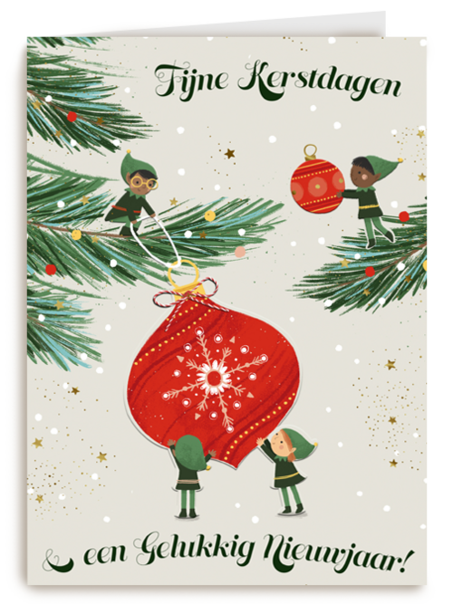 kerstkaart elven die kerstboom optuigen