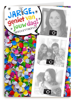 fotokaart jarige gekleurde confetti
