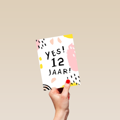 Verjaardagskaart meisje 12 yes roze geel