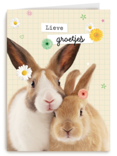 lieve groetjes kaart met konijnen en bloemetjes