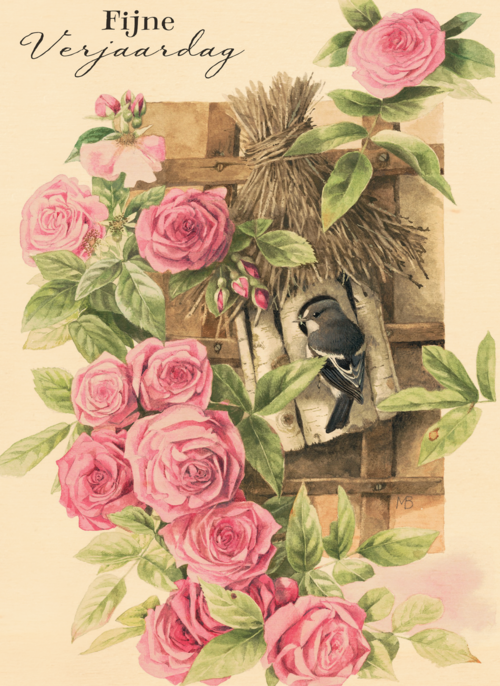 vogel in vogelhuisje tussen rozen
