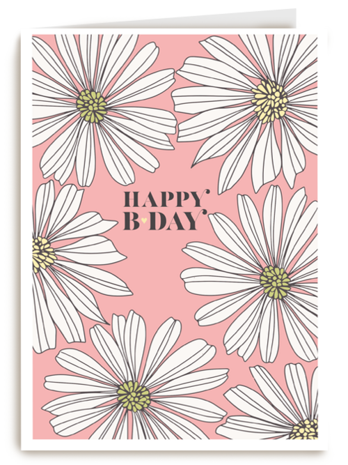 Verjaardagskaart roze met witte bloemen