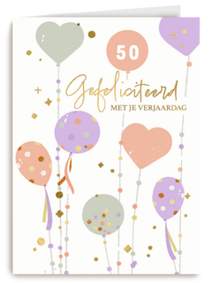 Verjaardagskaart ballonnen en hartjes leeftijd