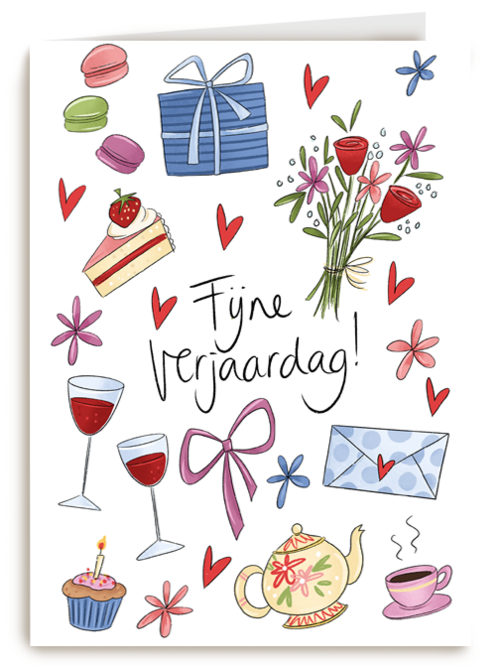 verjaardag kaart matia fijne verjaardag bloemen wijn taart