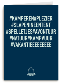 op kamp kaart met hashtag kamperen hashtag plezier