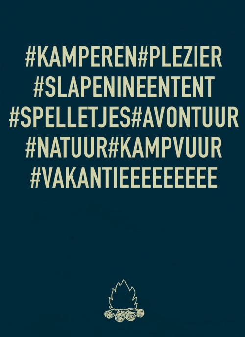 op kamp kaart met hashtag kamperen hashtag plezier