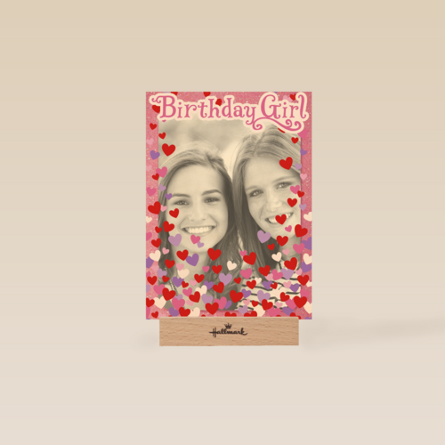 fotokaart birthday girl roze met hartjes