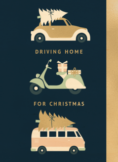 kerstkaart klassiek auto scooter bus driving home for christmas
