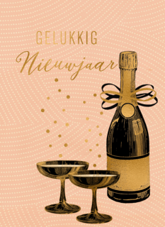 gelukkig nieuwjaar met flesje champagne en glazen